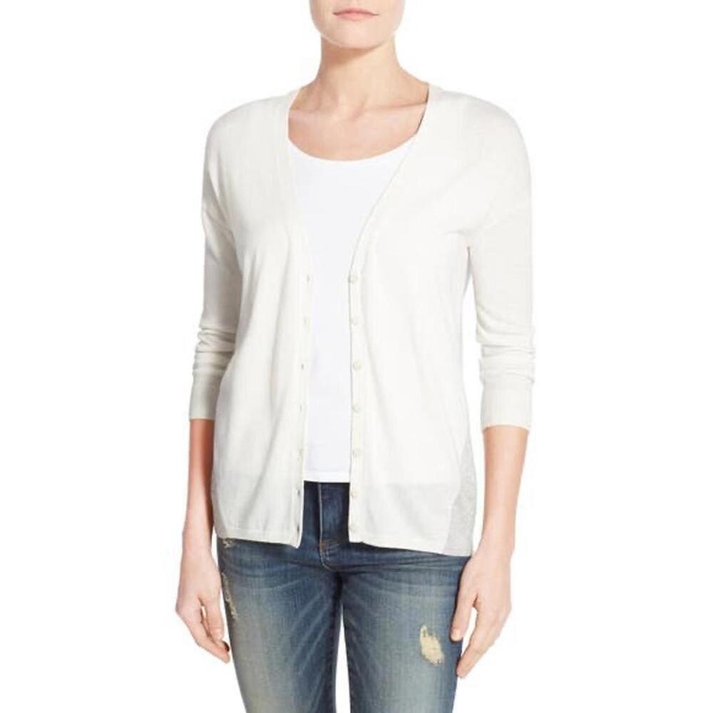 New HALOGEN Colorblock V-Neck Cardigan In White/ Gray Size PS